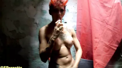 Tattooed Redhead with Fetish Lingerie Jerks Off in Cosplay Action