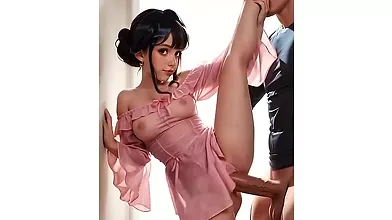 Petite babe with small tits gets pounded by huge cock in a rough standing fuck.  [AI Generated]