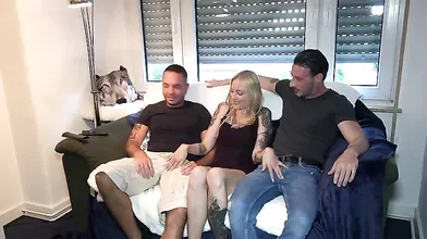 Cute slim blonde gets 2 cocks and loves cum