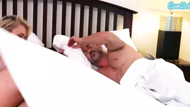 Hot Busty MILF Step Mom Fucks Step Son While Husband On Same Bed